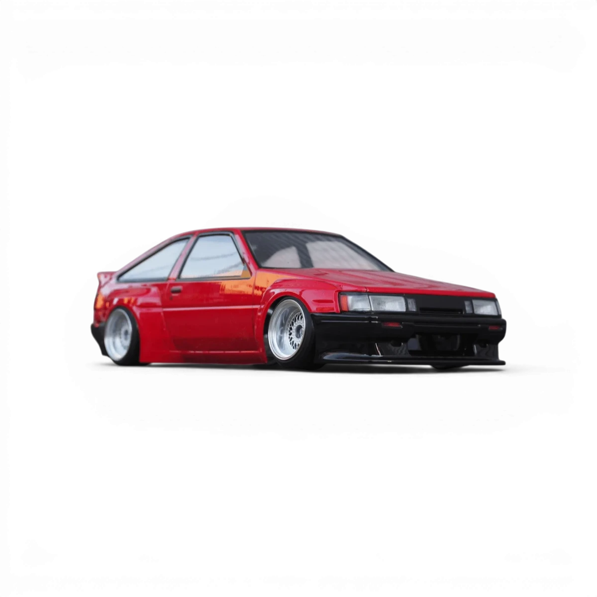 Carrosserie Toyota AE86 240mm Addiction RC Design, modèle pour voiture radiocommandée, en plastique blanc avec détails.