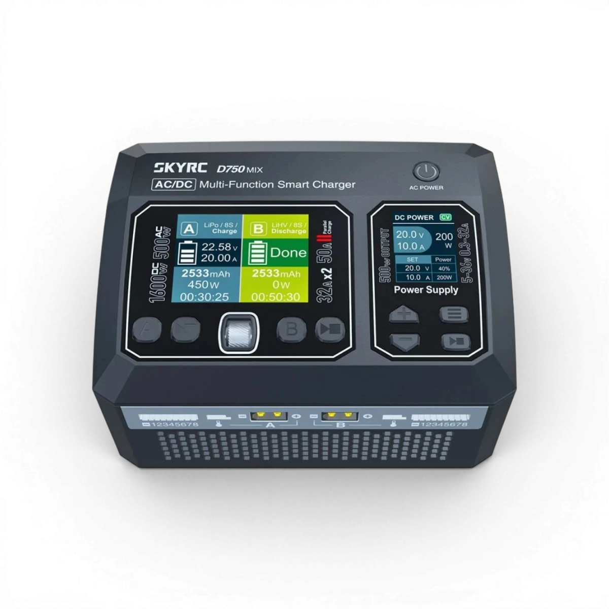 Chargeur D750 MIX SkyRc pour électronique, puissance AC 500W et DC 1600W, connecté avec câbles et écrans.