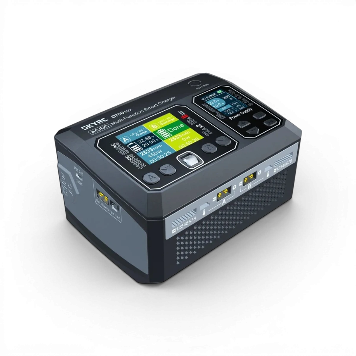 Chargeur D750 MIX SkyRc pour électronique, capacité AC max 500W et DC max 1600W, affiché avec câbles et écran.