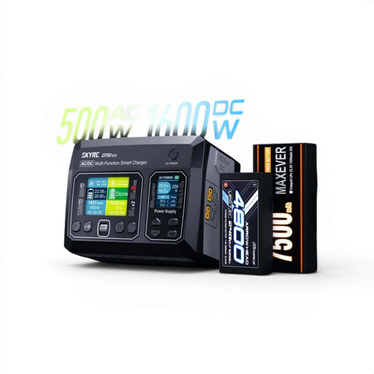 Chargeur D750 MIX SkyRc pour électronique, alimentation AC 500W et DC 1600W, affichage et câbles visibles.