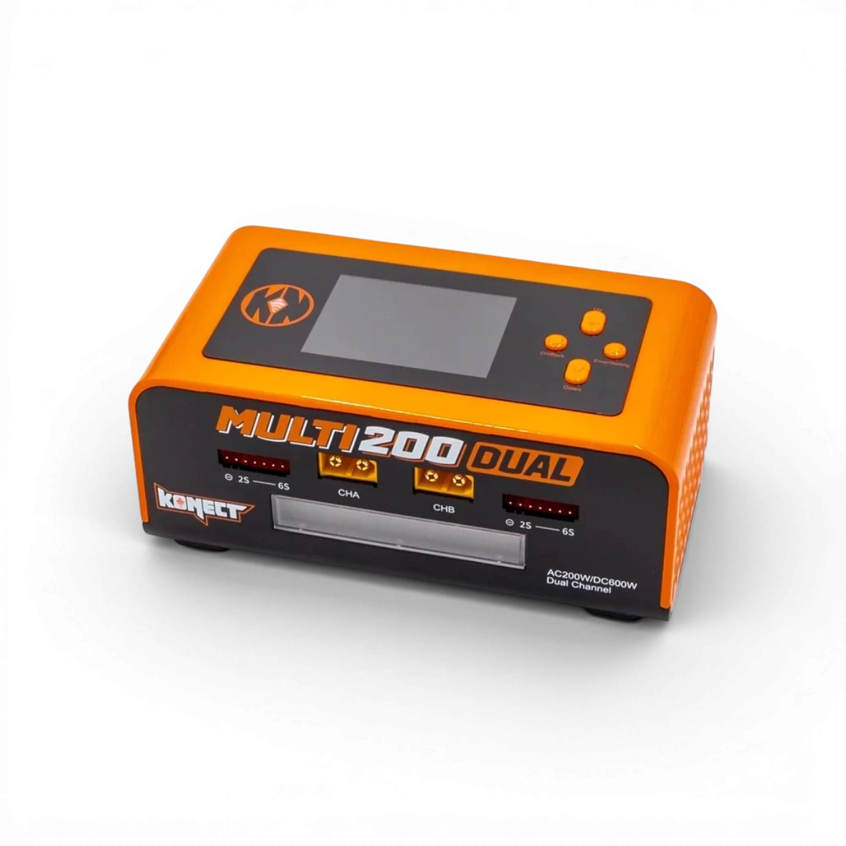 Chargeur dual AC/DC 200W multi-fonctions Konect avec chargeur, déchargeur et équilibrage pour appareils électroniques.