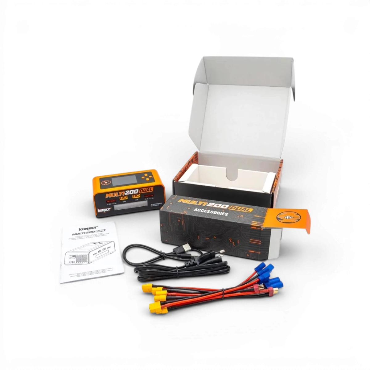 Chargeur Dual AC/DC 200W multi-fonctions de la marque Konect, avec écran, pour charge, décharge et équilibrage de batteries électroniques.