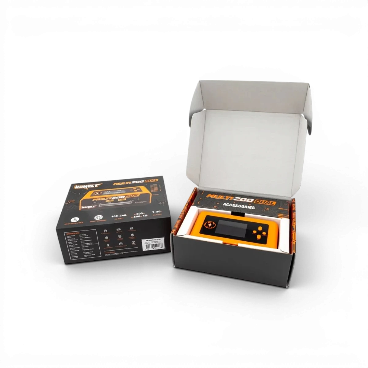Chargeur Dual AC/DC 200W Konect avec fonctions de charge, décharge et équilibrage pour appareils électroniques.
