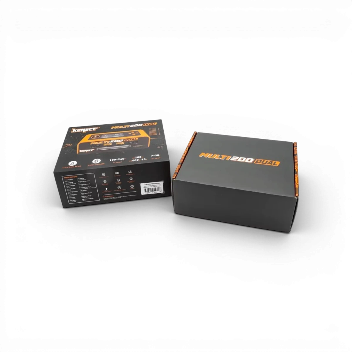 Chargeur dual AC/DC 200W Konect, multi-fonctions pour charge, décharge et équilibrage de batteries électroniques.