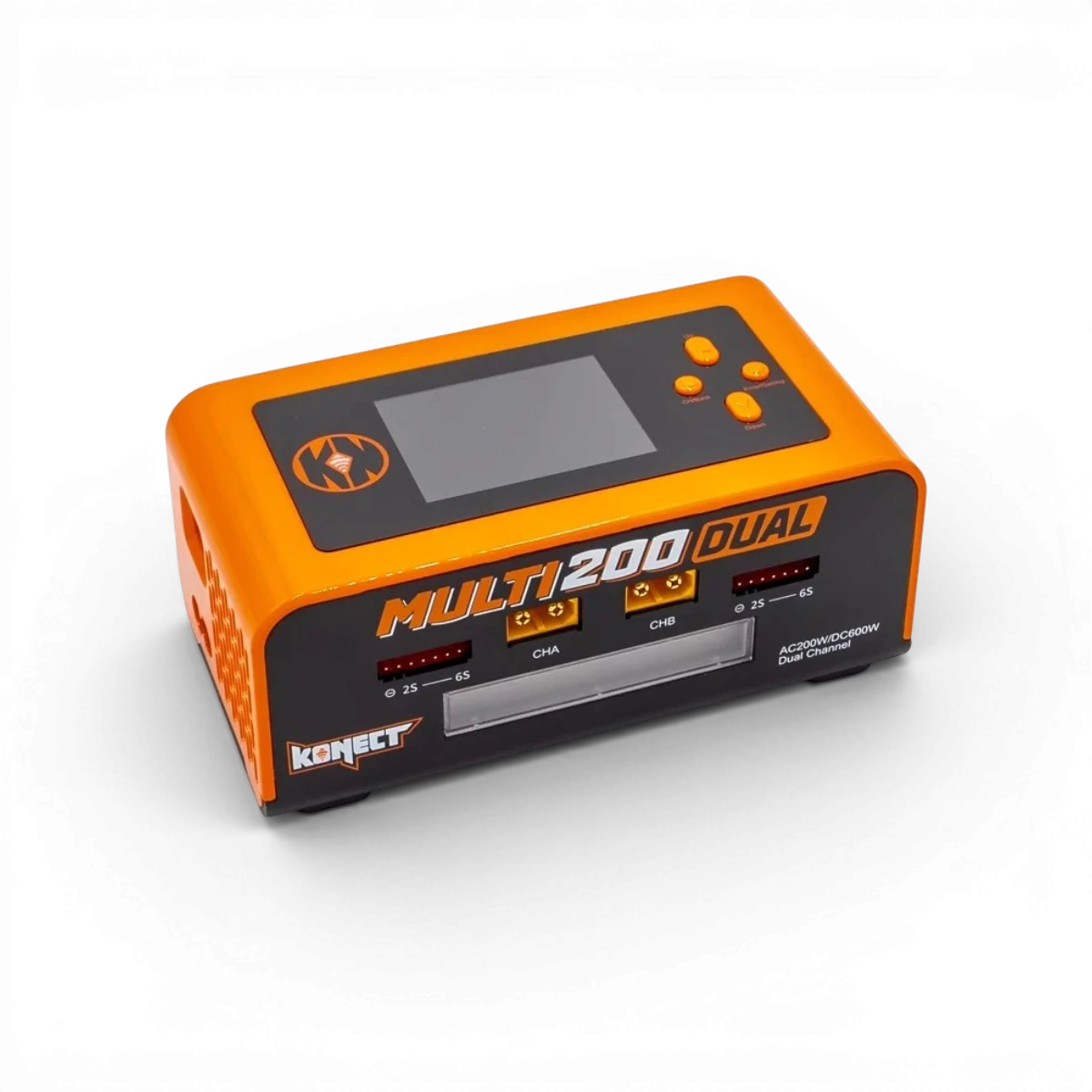 Chargeur Dual AC/DC 200W Konect pour chargeur, déchargeur et équilibrage de batteries électroniques, avec écran et câbles.