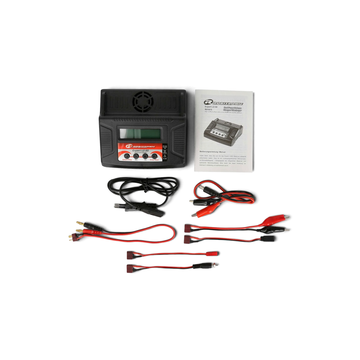 Chargeur Expert LD 80 V2 Robitronic pour batteries LiPo 1-6S, 7A, 80W, électronique compact et performant.