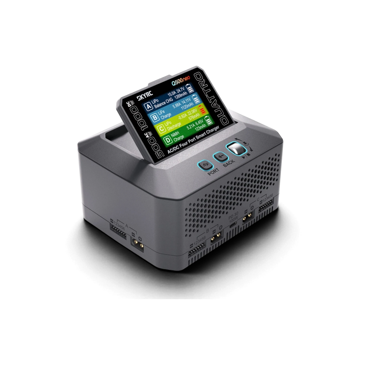Chargeur Q500 Neo LiPo 1-6S 4 canaux 1000W de SkyRc, électronique pour charger batteries lithium-polymère.
