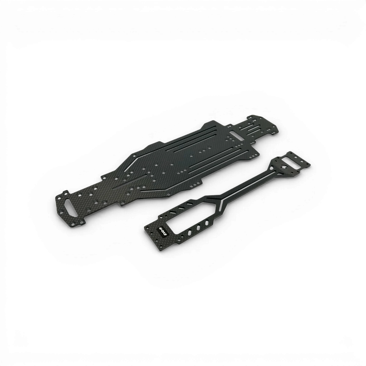 Châssis de conversion EVO-R SHIBATA pour voiture de course, pièce détachée, vue en gros plan sur la surface en fibre de carbone.