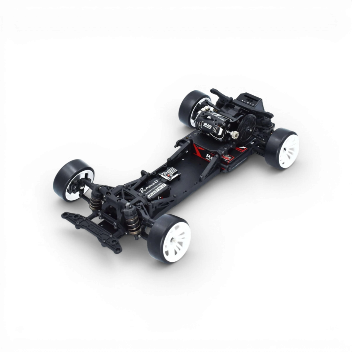 Châssis de drift RDX de Team Reve D, vue en gros plan, avec détails du cadre en métal noir pour voiture radiocommandée.