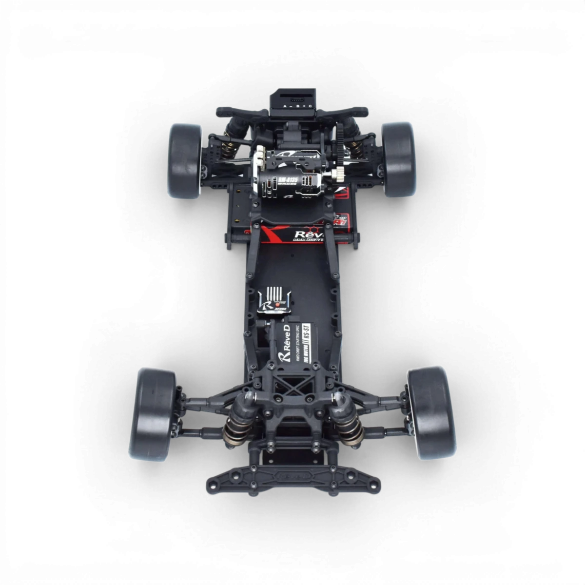 Châssis de drift RDX de Team Reve D, vue de face avec détails du design et de la structure en plastique noir.