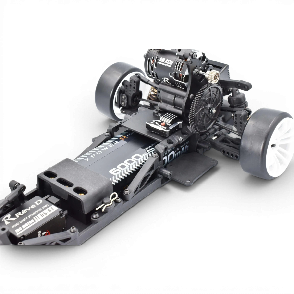 Châssis de drift RDX de Team Reve D, vue détaillée du châssis noir avec composants métalliques pour voiture RC.