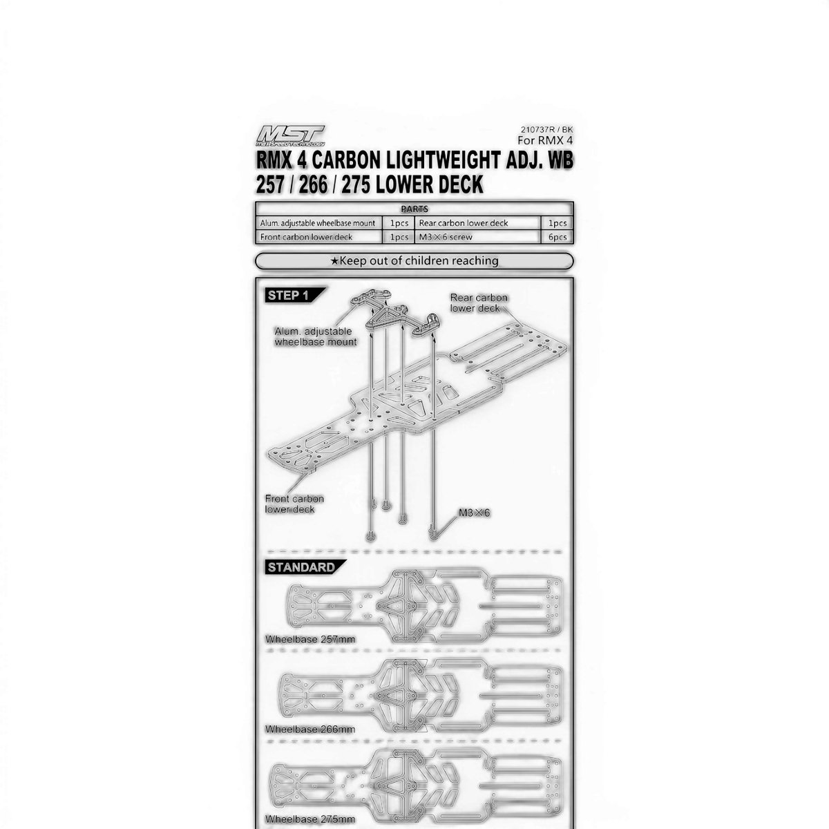 Châssis inférieur en carbone allégé pour RMX 4, empattement réglable, pièces détachées Max Speed Technology, modèles 257, 266, 275