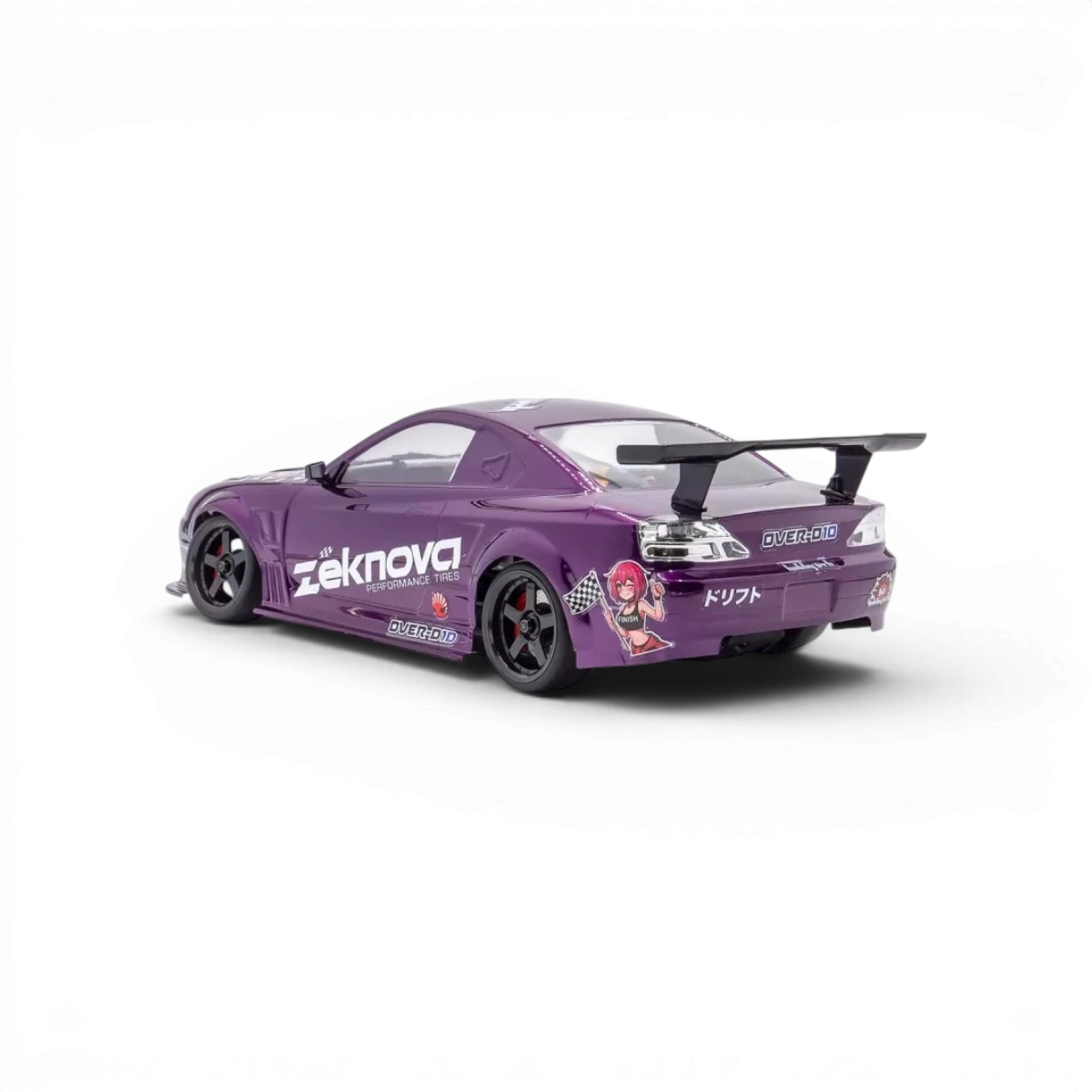 Châssis RC drift HOBBYTECH OVER-D10 RTR Brushless RWD, vue de face avec composants et pneus de course.