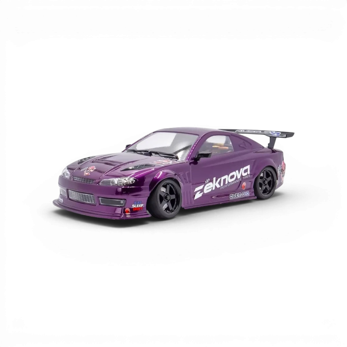 Châssis RC drift HOBBYTECH OVER-D10 RTR avec moteur brushless, version RWD, vue de face du pack complet.