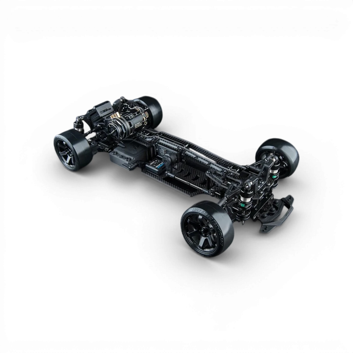 Châssis RC Drift Max Speed Technology RMX 4 GT Kit RWD pour compétition 1/10, vue en gros plan avec composants.