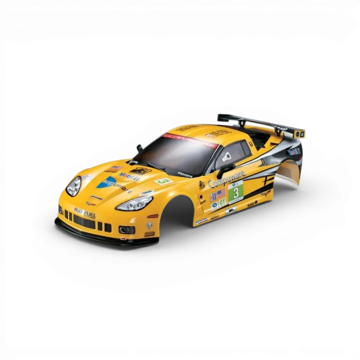 Carrosserie Chevrolet Corvette jaune de marque Killer Body, vue de face avec détails de la carrosserie sportive.