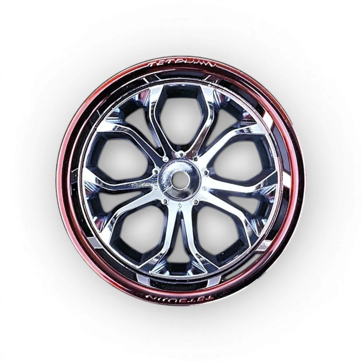 Ensemble de 2 pièces de cercles en bronze chrome et centres en spider pour roues Tetsujin, finition chromée brillante.