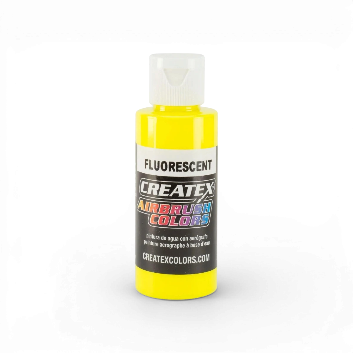 Flacon de peinture fluorescente classique jaune Createx Colors, visible avec son bouchon et étiquette colorée.