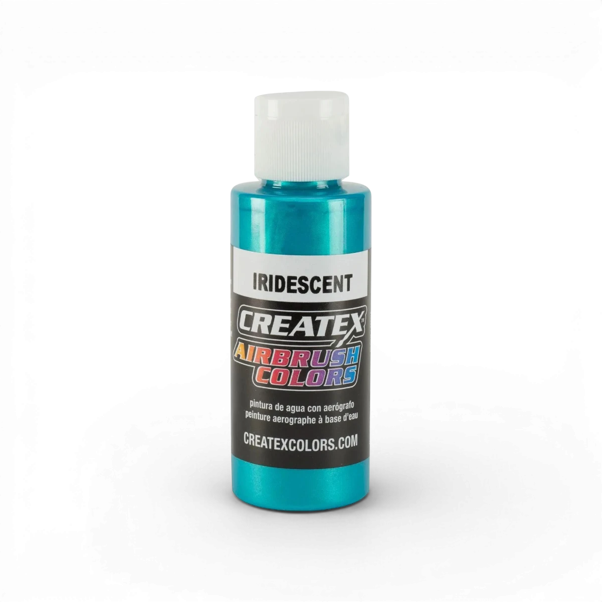 Peinture Createx Colors Classic Iridescent Turquoise avec fini irisé brillant, vue rapprochée du flacon.