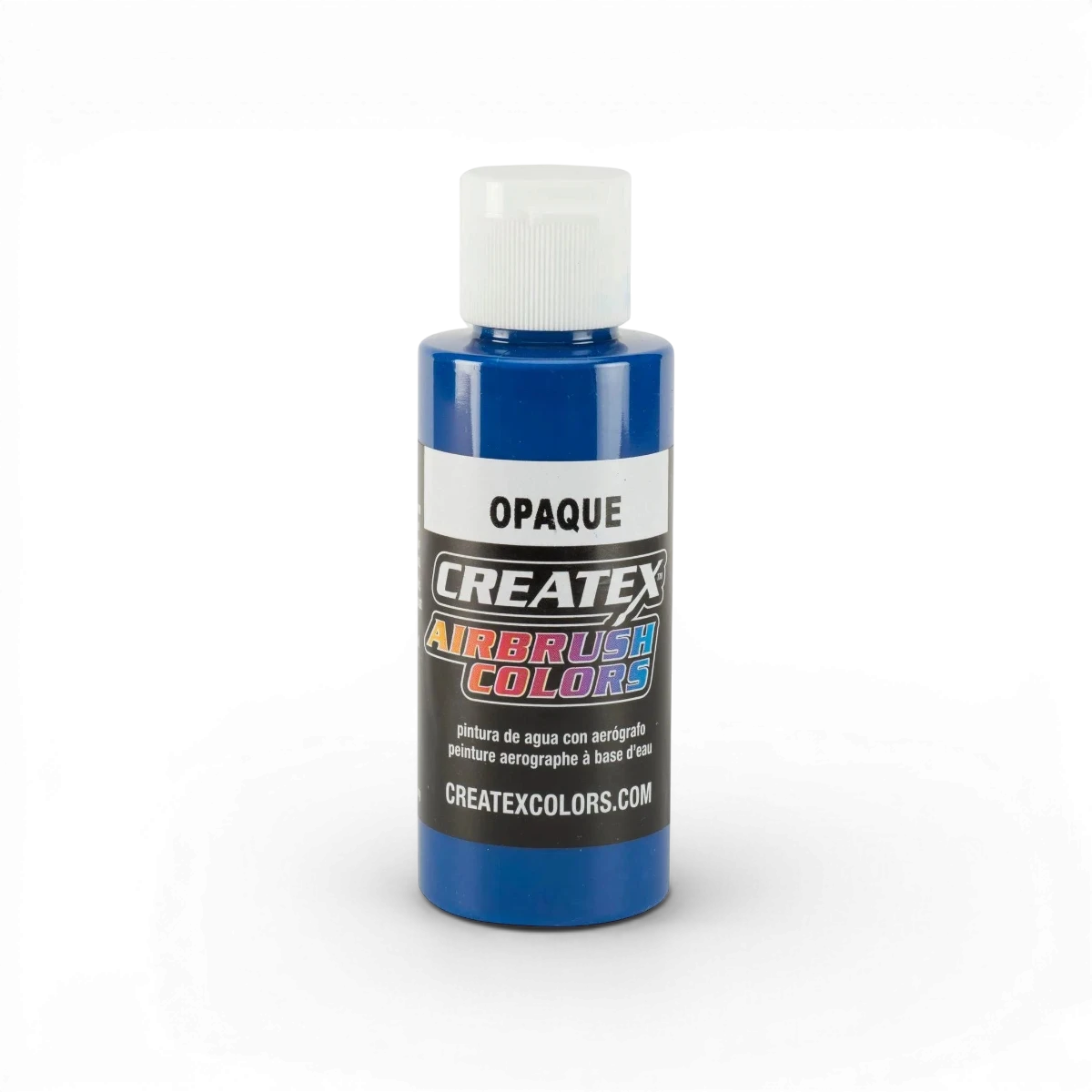 Peinture opaque classique bleue de la marque Createx Colors, tube de peinture artistique sur fond blanc.