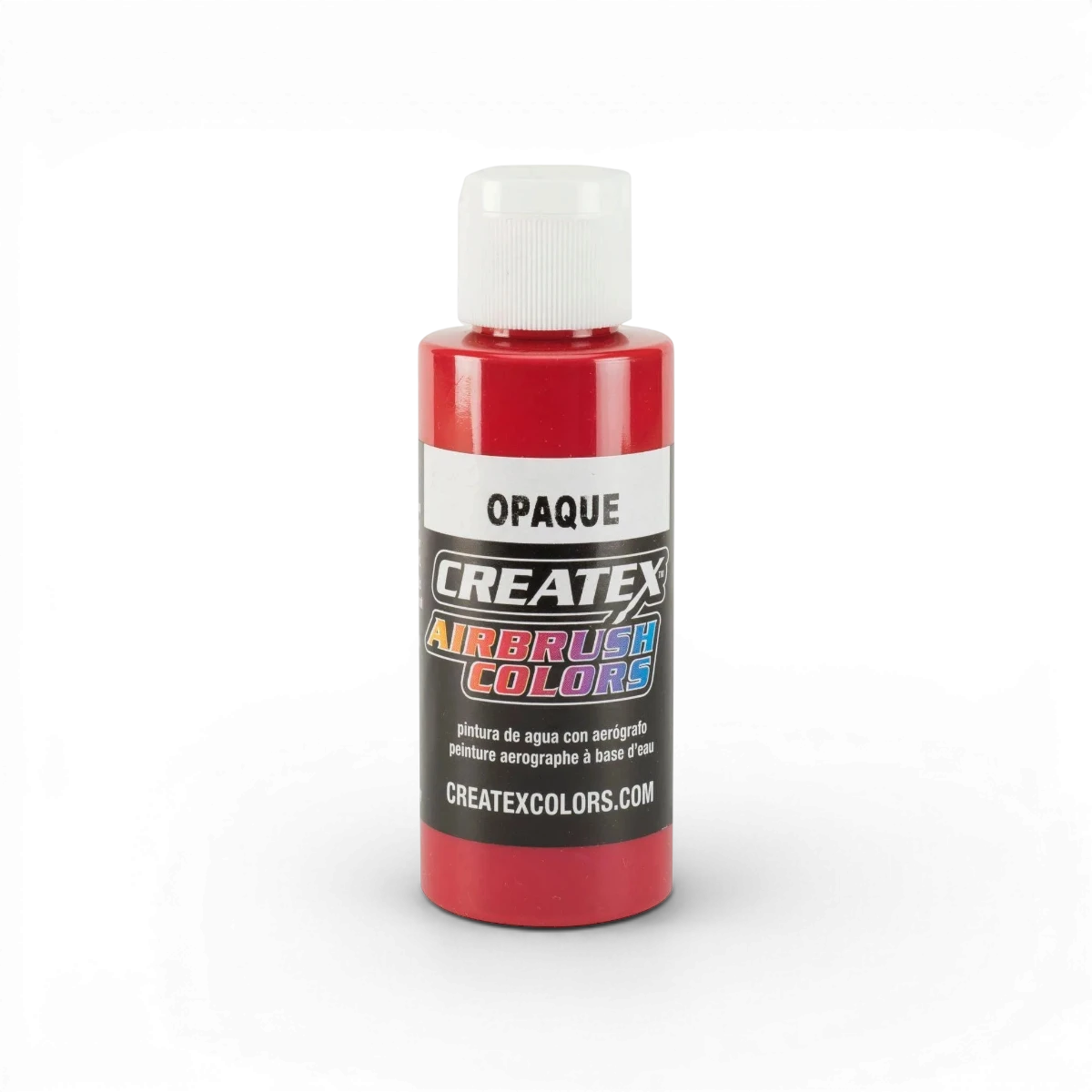 Peinture opaque classique rouge Createx Colors, flacon avec étiquette visible, utilisée pour l'art et la décoration.