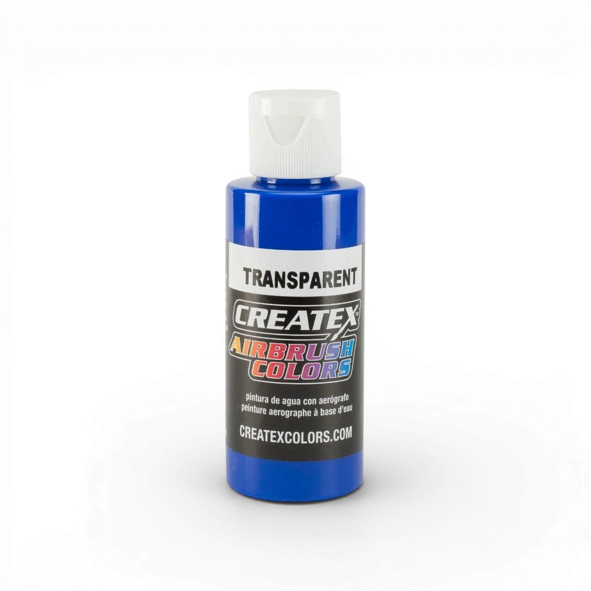 Peinture acrylique transparente bleu ultramarin de la marque Createx Colors, dans un pot classique.