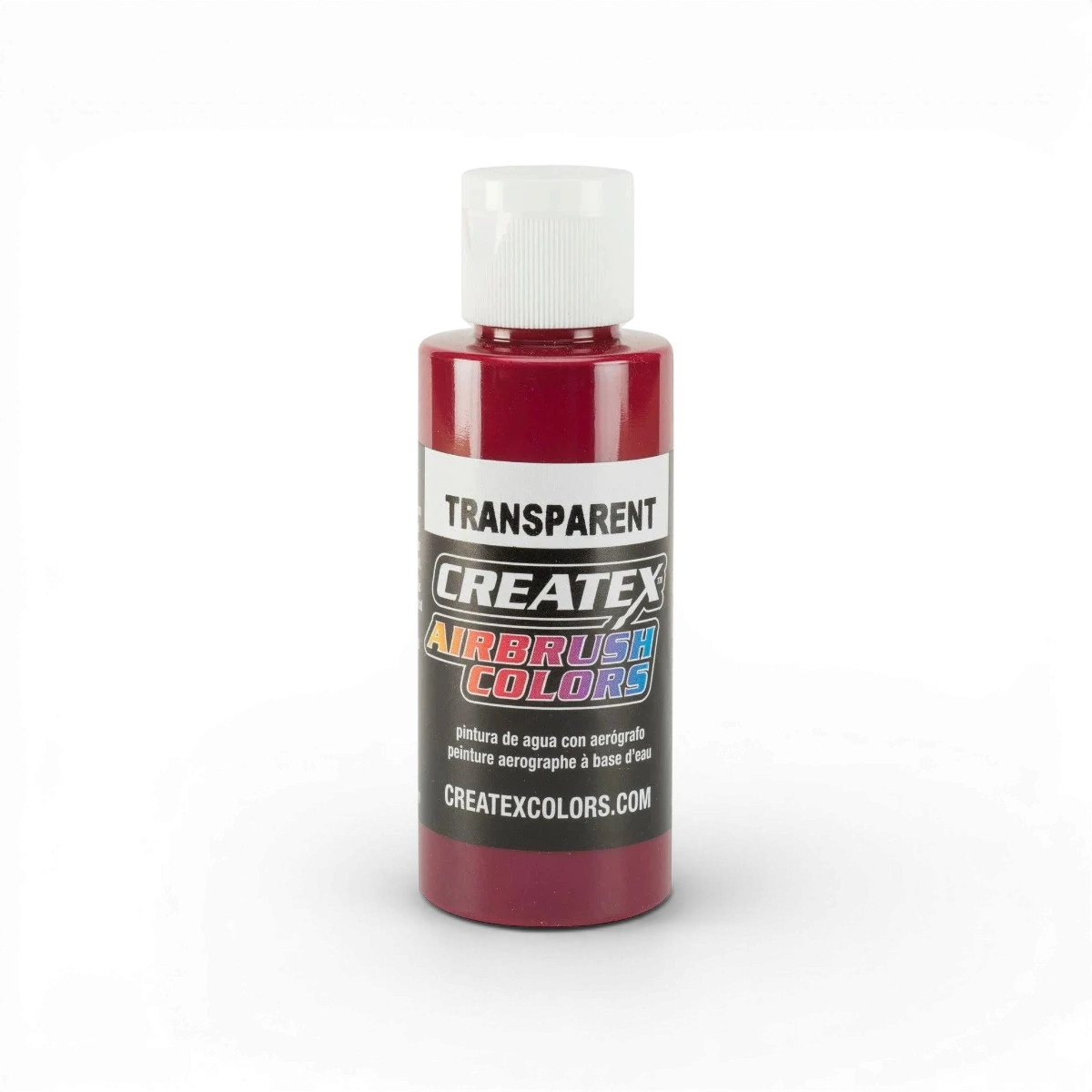 Peinture transparente Bourgogne Createx Colors, bouteille en verre avec liquide rouge translucide et étiquette.