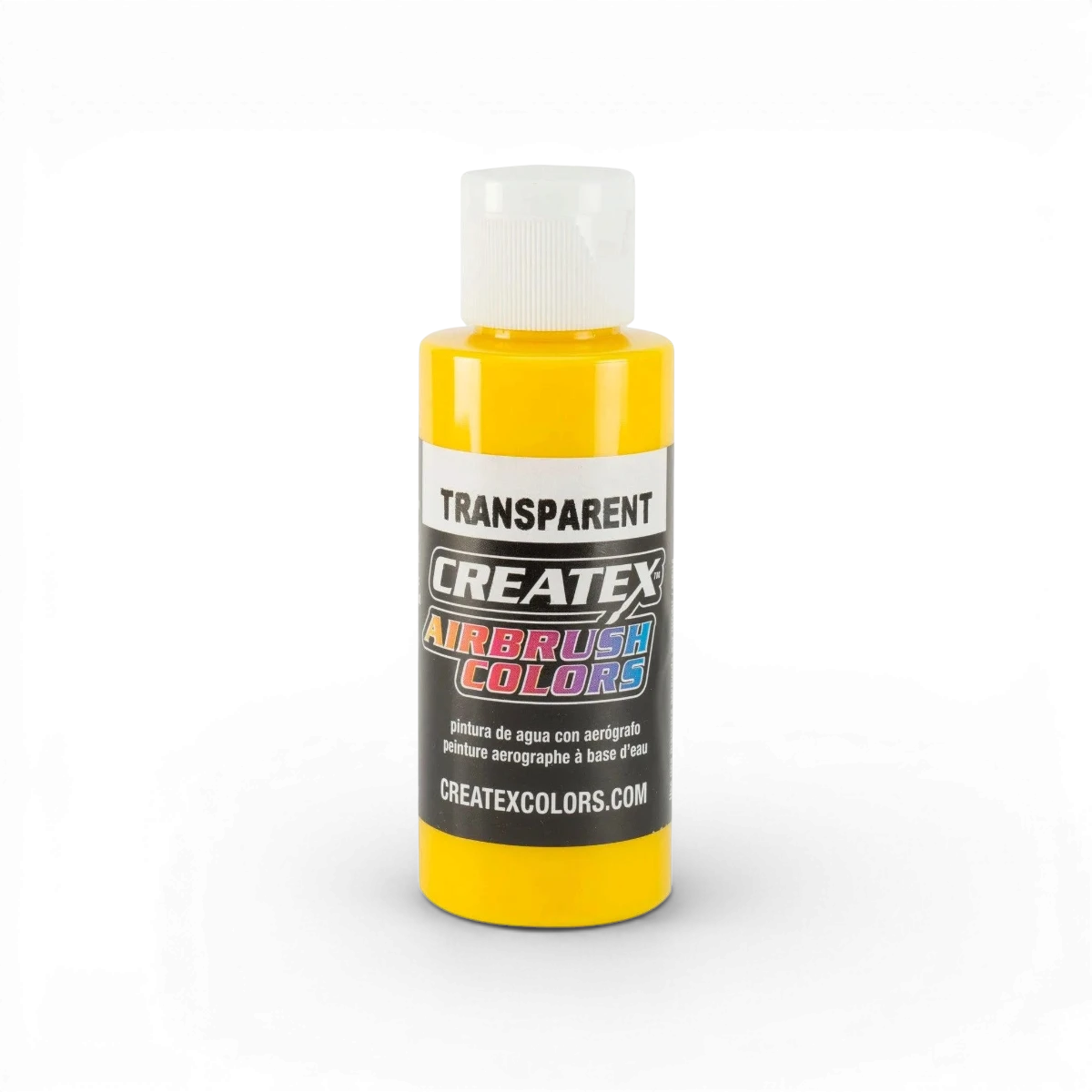 Peinture transparente jaune brillant Createx Colors, visible en pot avec texture lisse et couleur éclatante.
