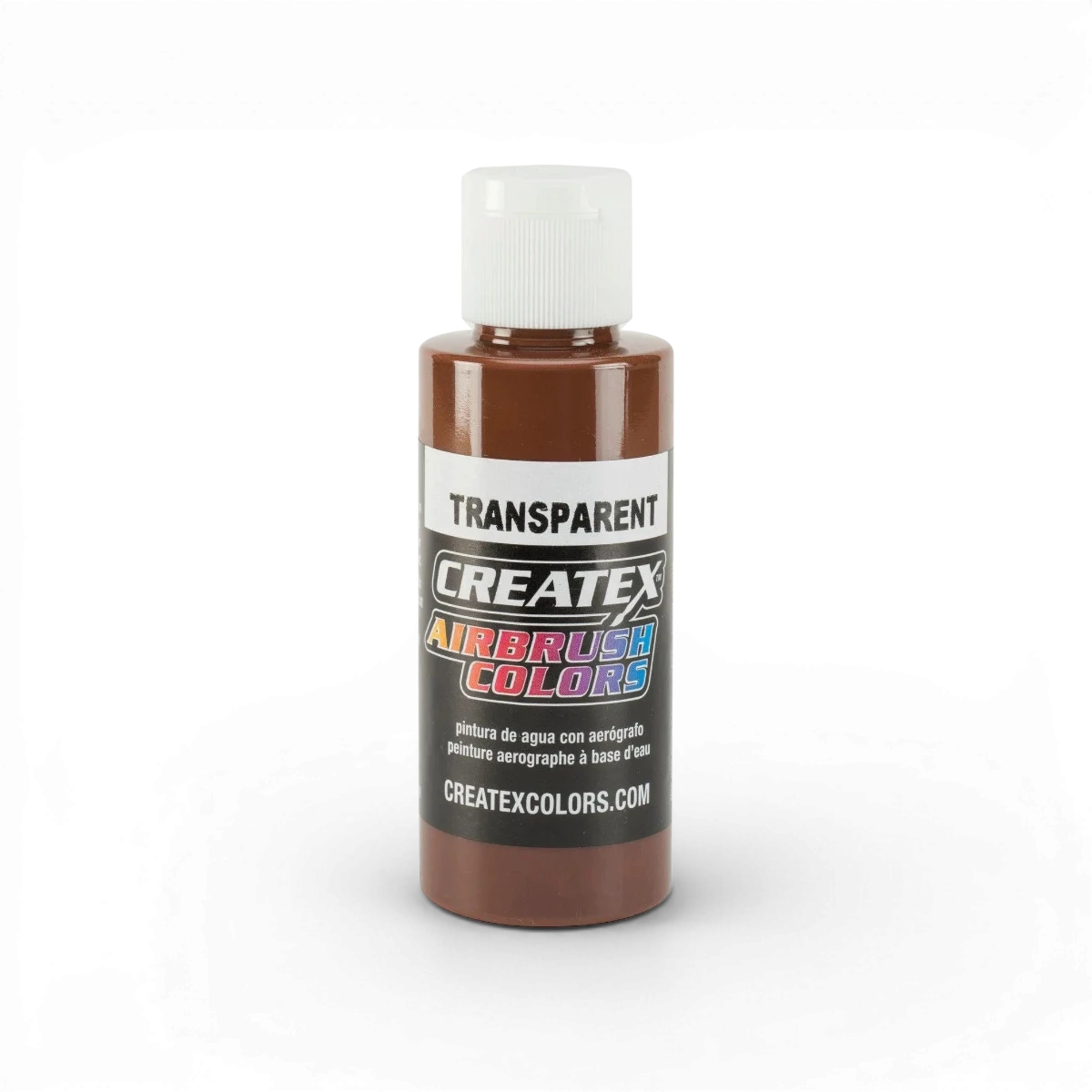Aquarelle transparente marron léger de la marque Createx Colors, montrant la couleur dans un flacon avec le pinceau à côté.