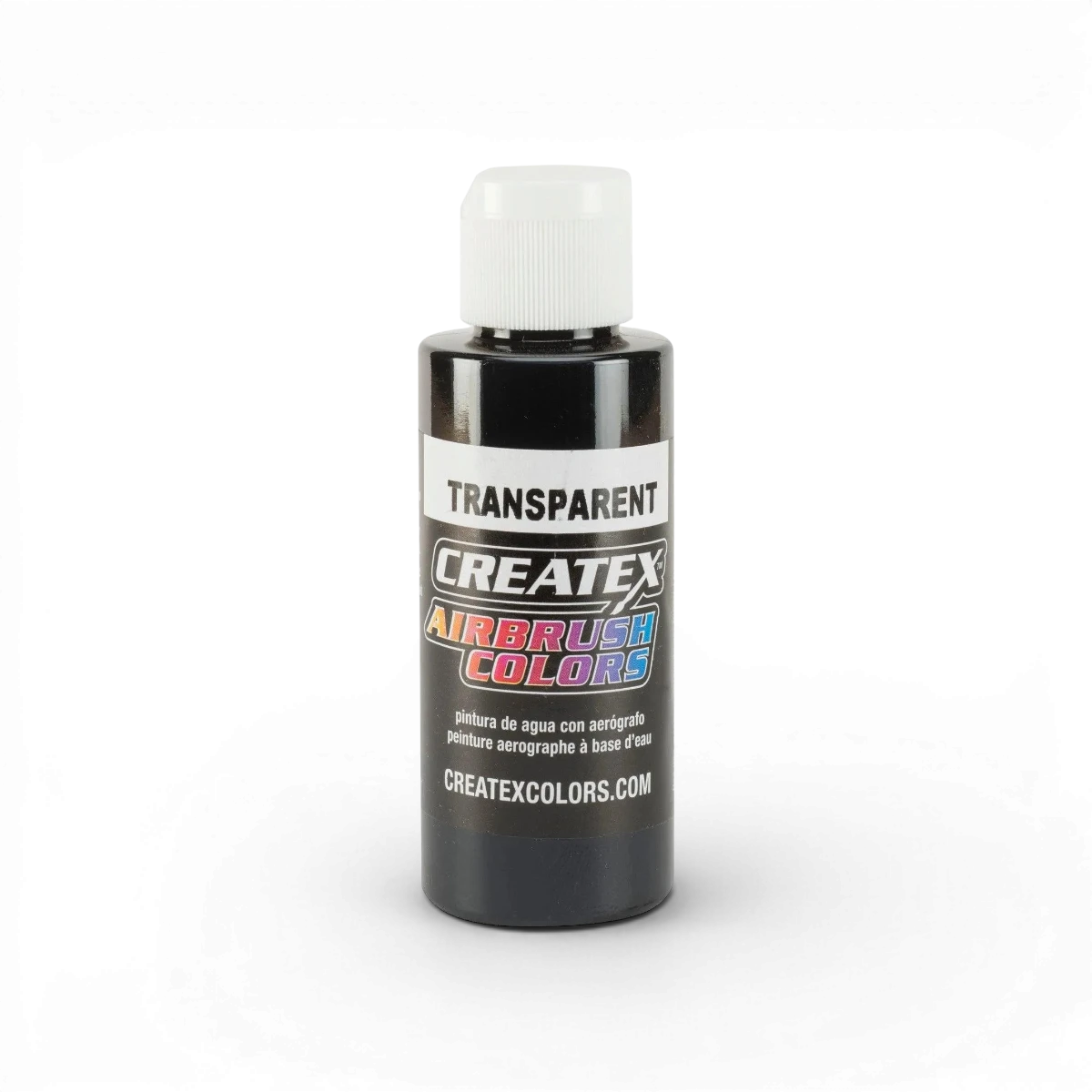 Aérosol de peinture transparente noire Createx Colors, finition classique, en spray, visible en cours d'application sur un support blanc.