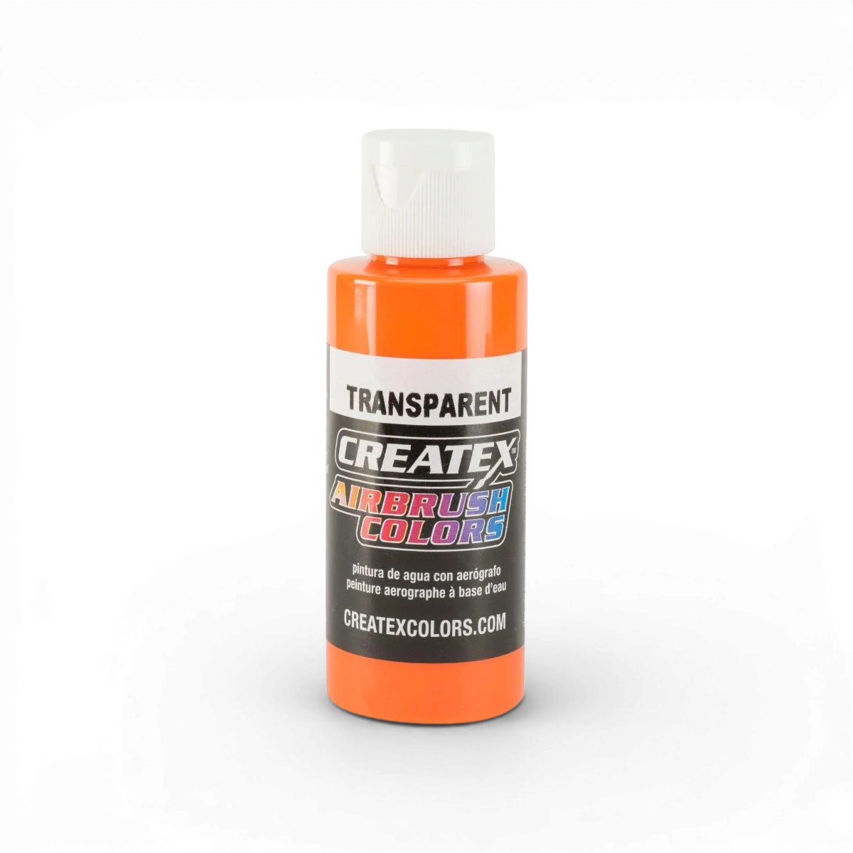 Peinture transparente orange Createx Colors, application classique, flacon en plastique avec liquide orange vif.