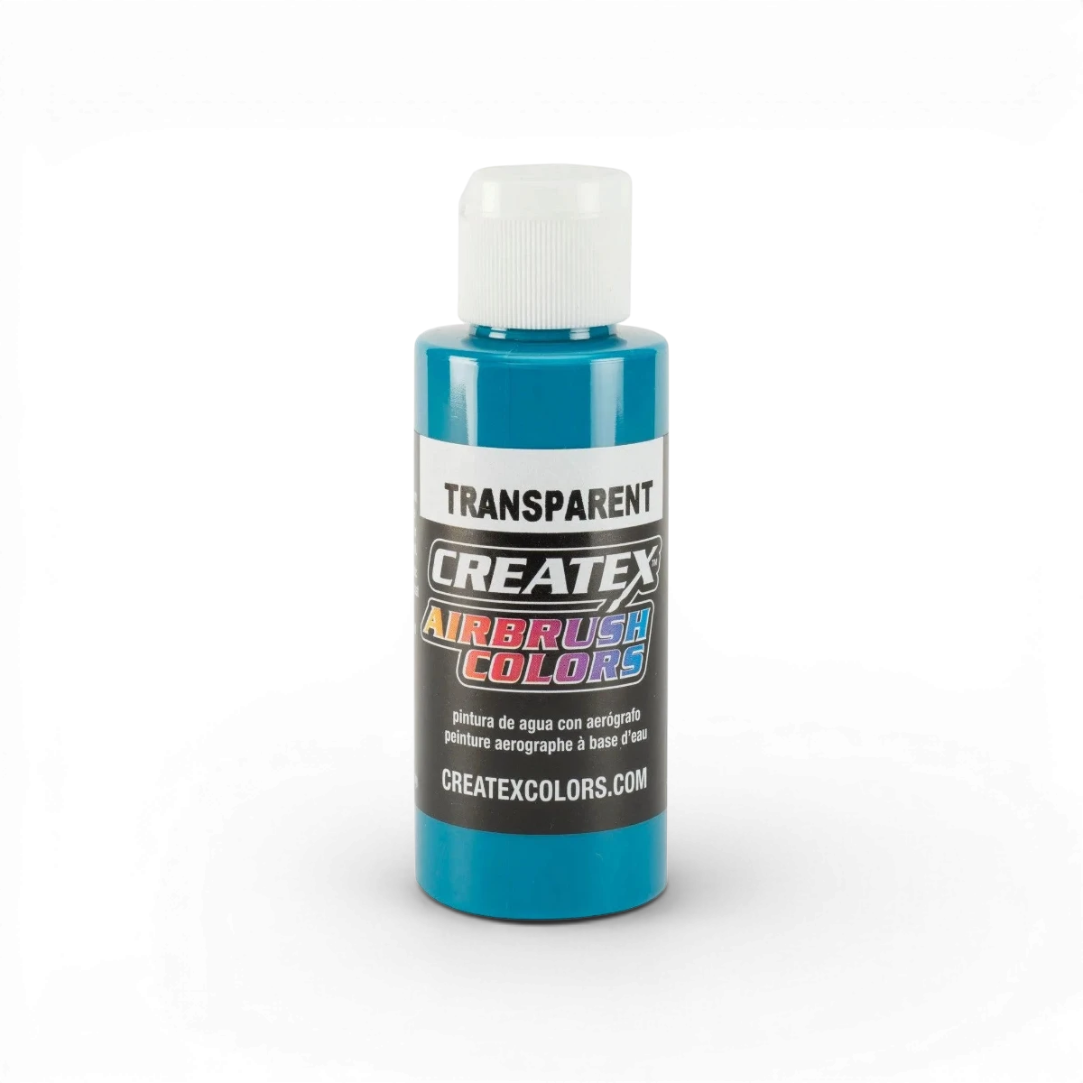 Peinture transparente turquoise Createx Colors, finition classique, en flacon avec étiquette colorée et bouchon noir.