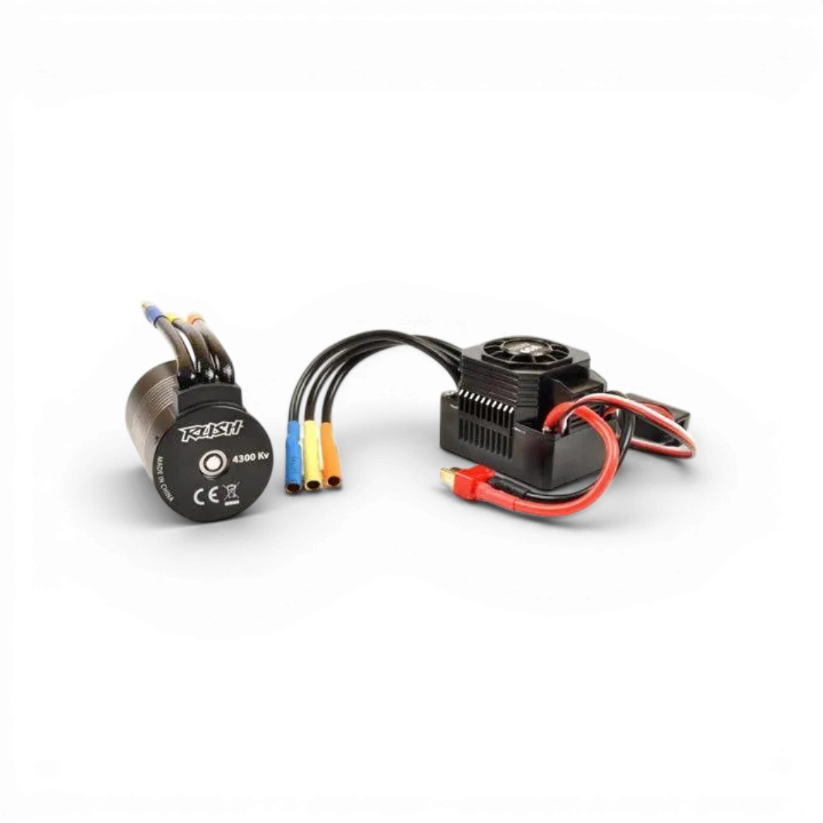 Combo variateur Rush 60A et moteur brushless 4300kv T2M, électronique pour modélisme RC, visibles dans l’image.