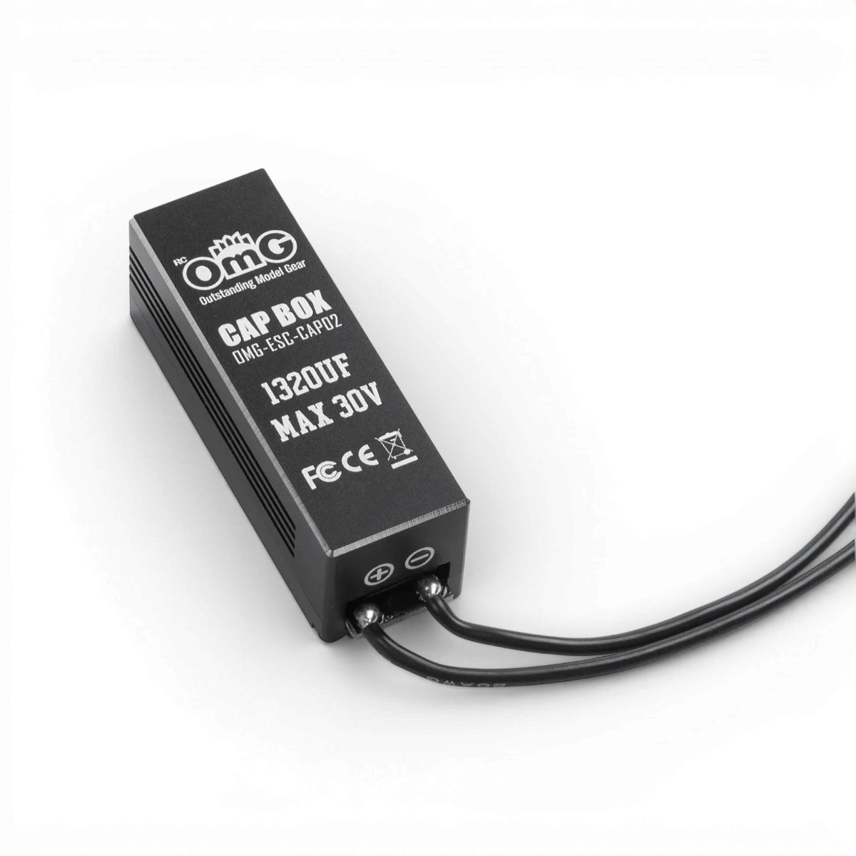 Condensateur noir de 13200UF pour ESC électronique, marque OMG, vue en gros plan sur le composant.