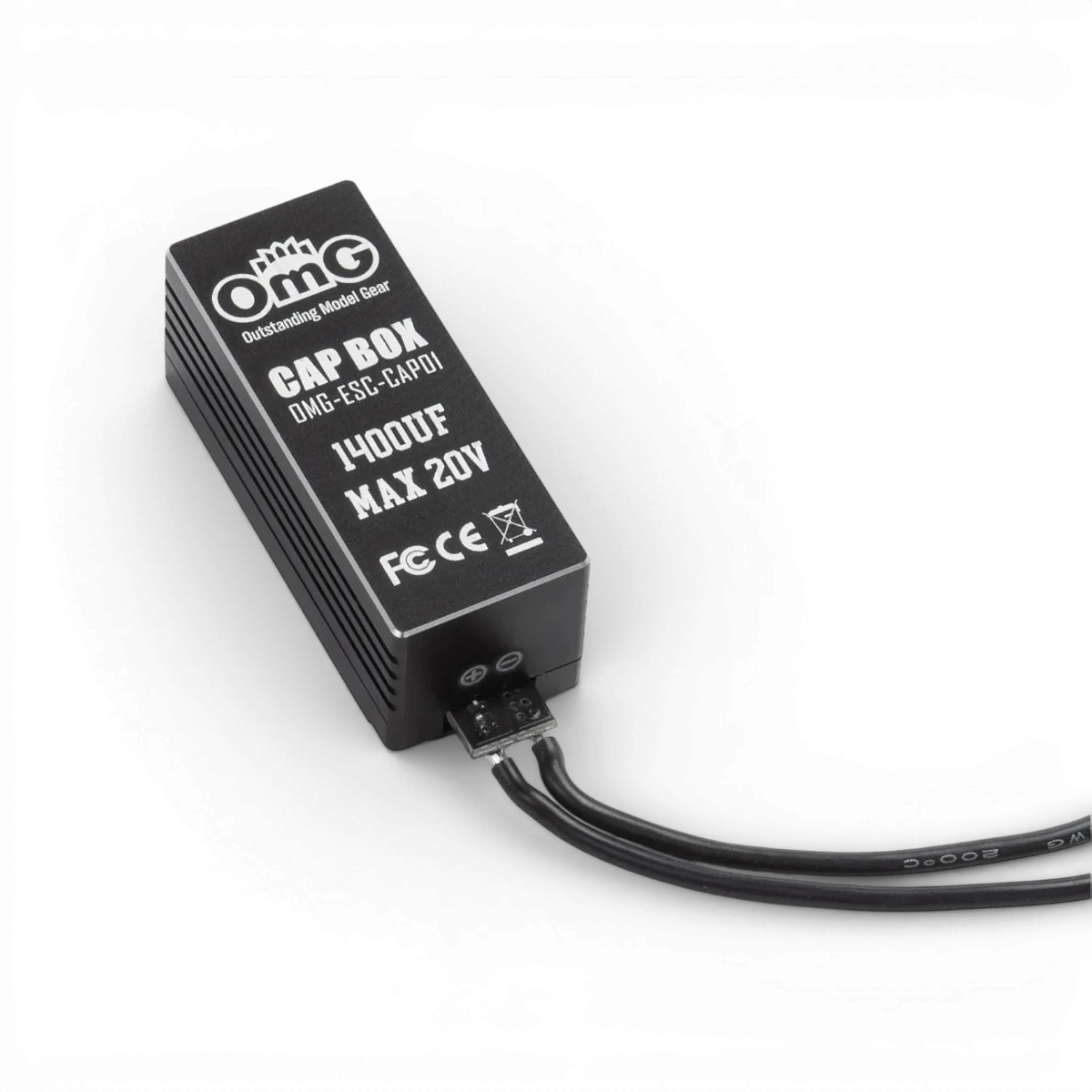 Condensateur noir de 14000UF pour ESC électronique, marque OMG, posé sur un fond neutre.