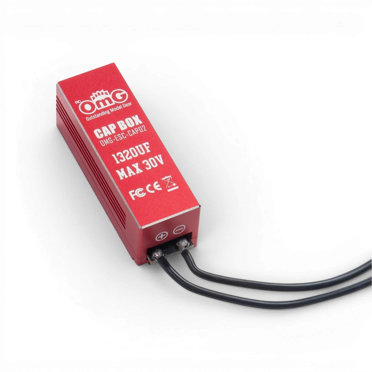 Condensateur rouge de 13200UF pour ESC électronique de la marque OMG, visible avec ses bornes et sa capacité en image.