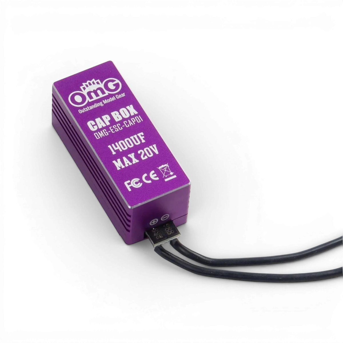 Condensateur électronique violet de 14000UF pour ESC, marque OMG, visible avec ses connexions et composants électroniques.