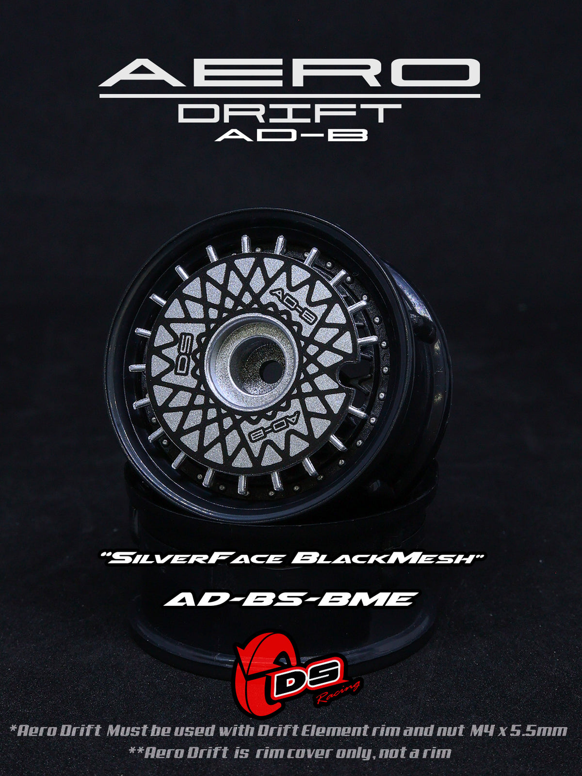 Couvercle Aero Drift pour Drift Element, finition plate en argent et noir, compatible avec roues DS Racing.
