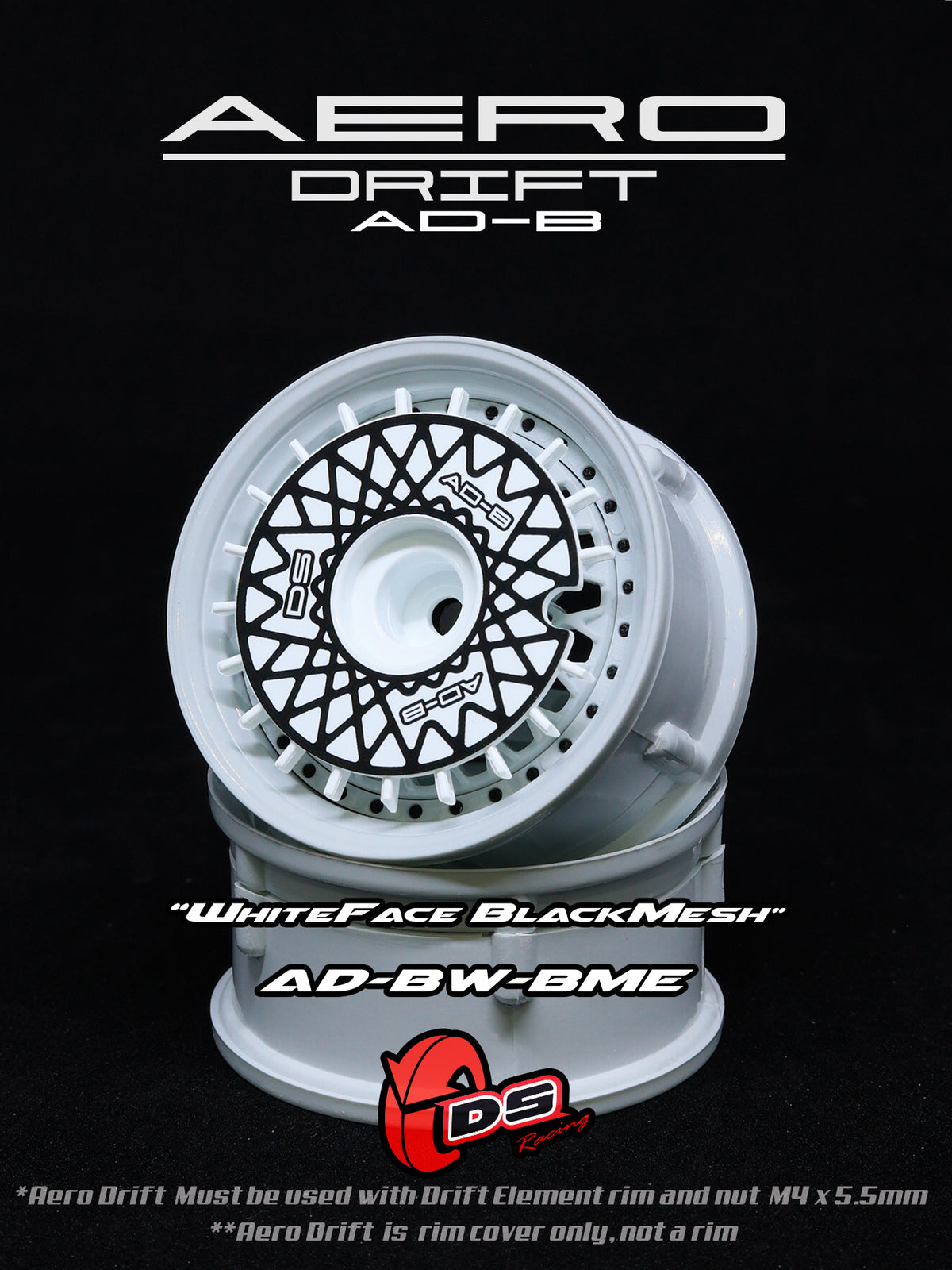 Couvercle Aero Drift DS Racing pour Drift Element, plat, blanc et noir, conçu pour roues de voitures RC.