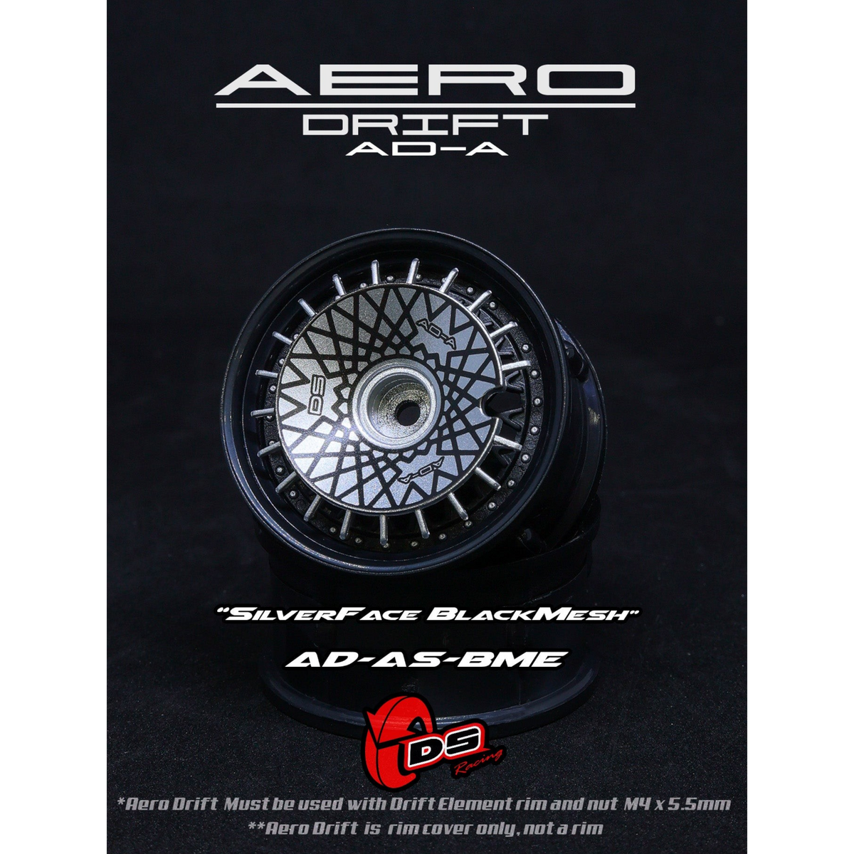 Couvercle Aero Drift pour Drift Element Slope, couleur Argent/Noir, par DS Racing, avec roues en arrière-plan.