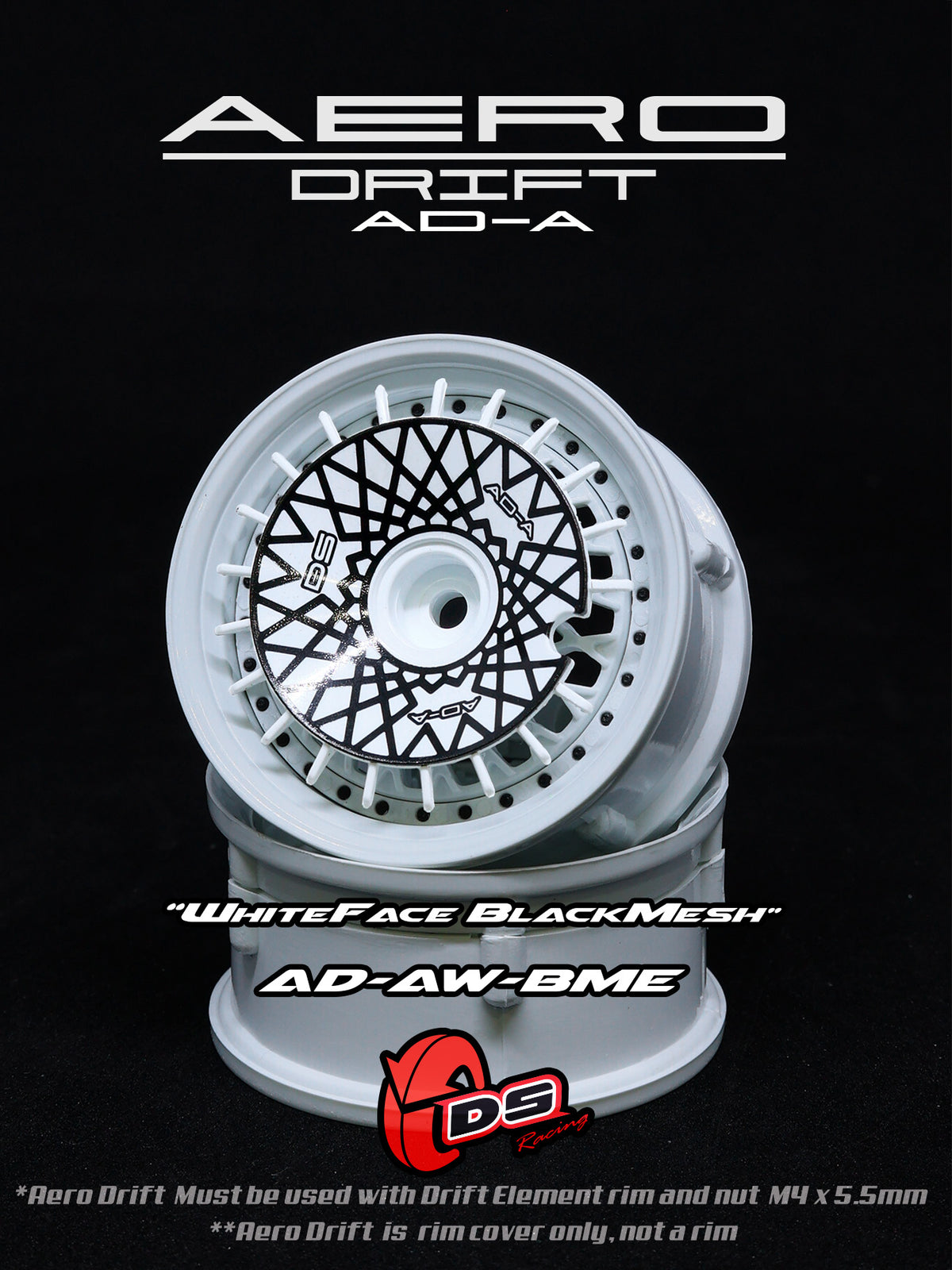 Couvercle Aero Drift DS Racing pour Drift Element Slope, en blanc et noir, avec design aérodynamique et roues.