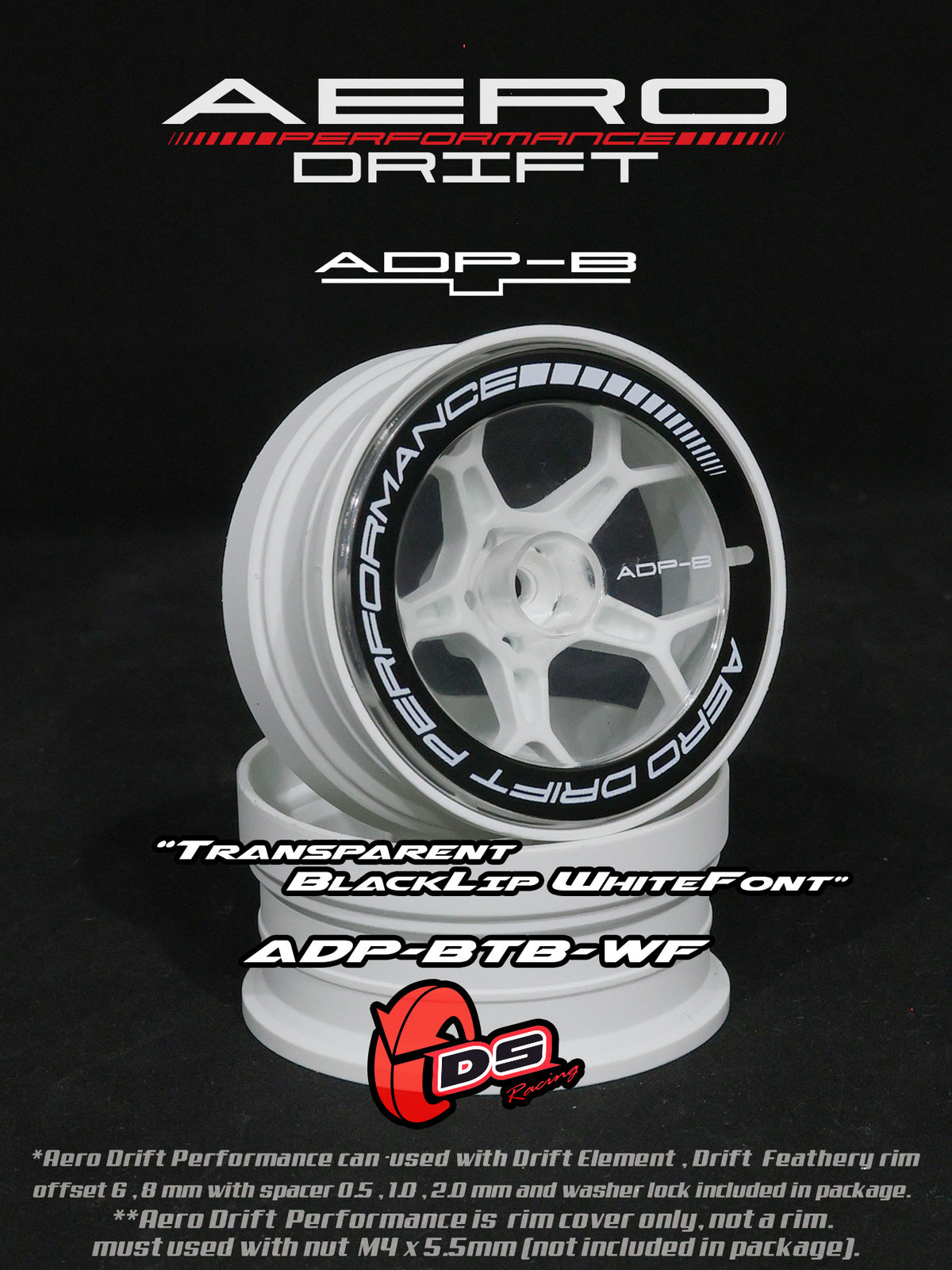 Couvercle Aero Performance Drift DS Racing, transparent et noir, pour roues Drift Element, design plat et aérodynamique.