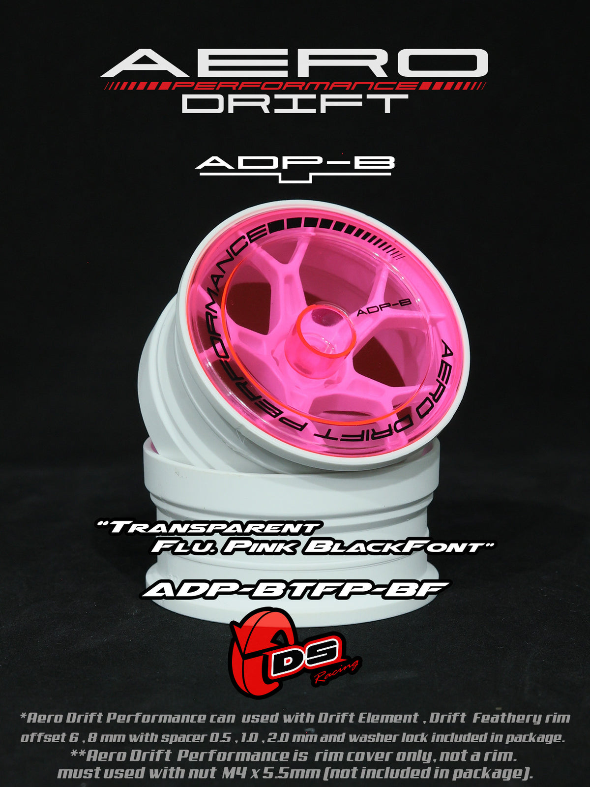 Couvercle Aero Performance Drift pour Drift Element, plat, couleur rose fluo, conçu par DS Racing, compatible avec roues drift.