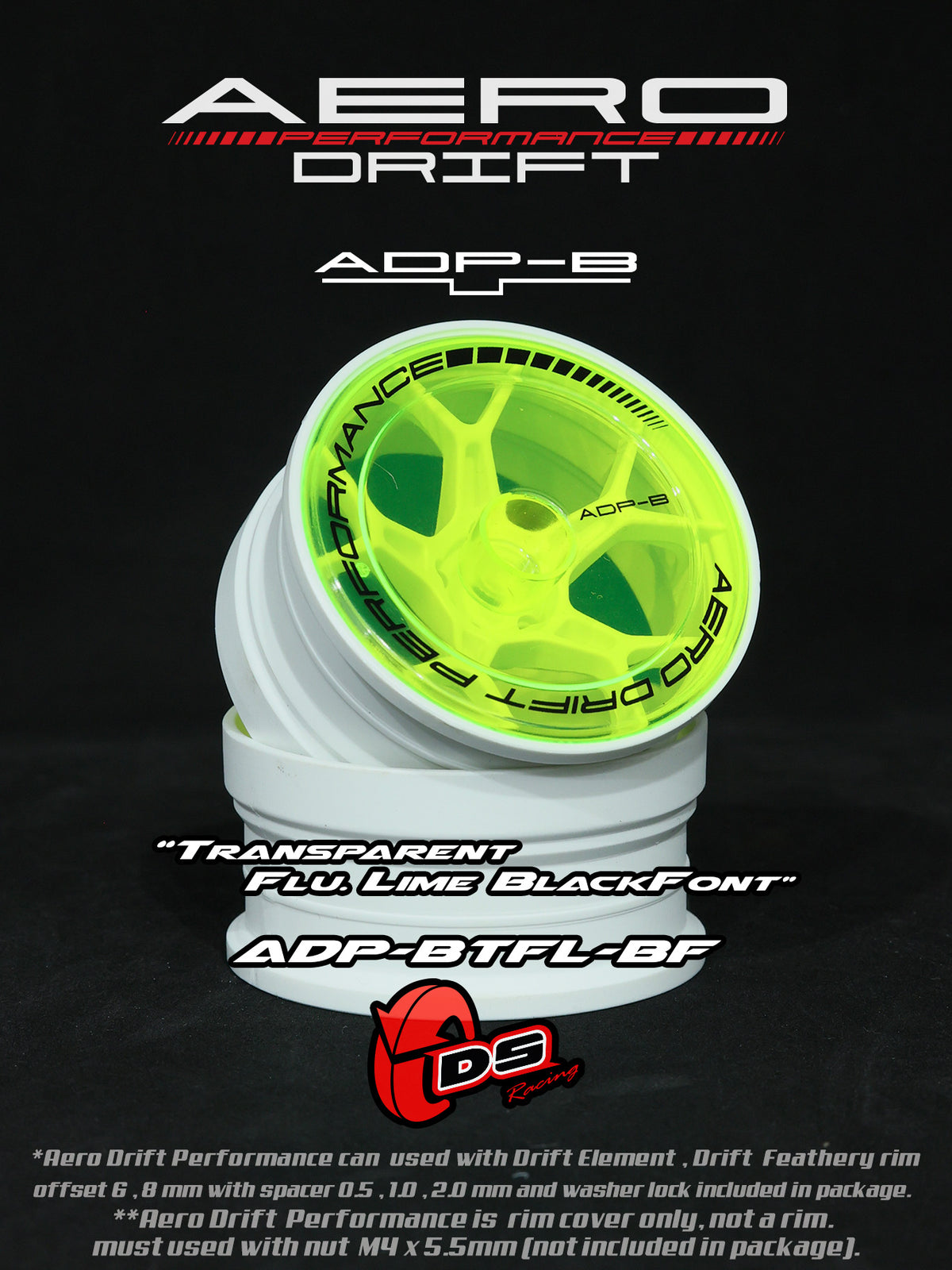 Couvercle Aero Performance Drift vert fluo pour Drift Element, compatible avec roues, marque DS Racing, finition plate.