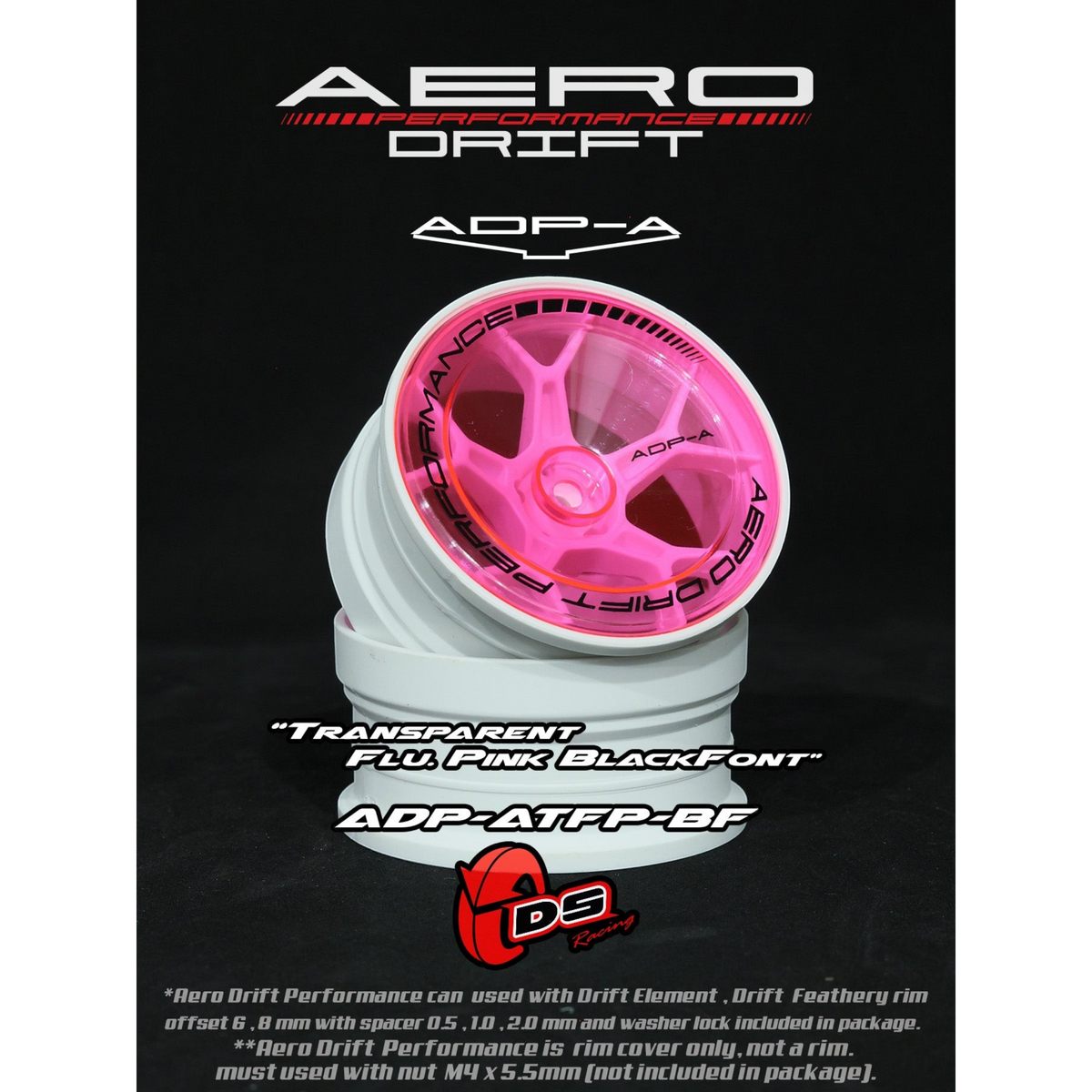 Couvercle Aero Performance Drift pour Drift Element, incliné, couleur rose fluo, par DS Racing, avec roues visibles.