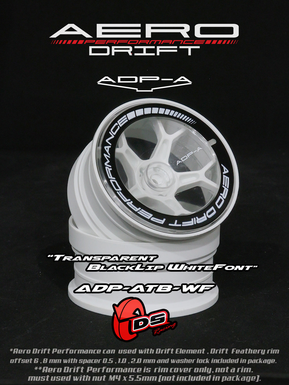 Couvercle aero performance drift pour Drift Element, transparent et noir, compatible avec DS Racing, roues de course.