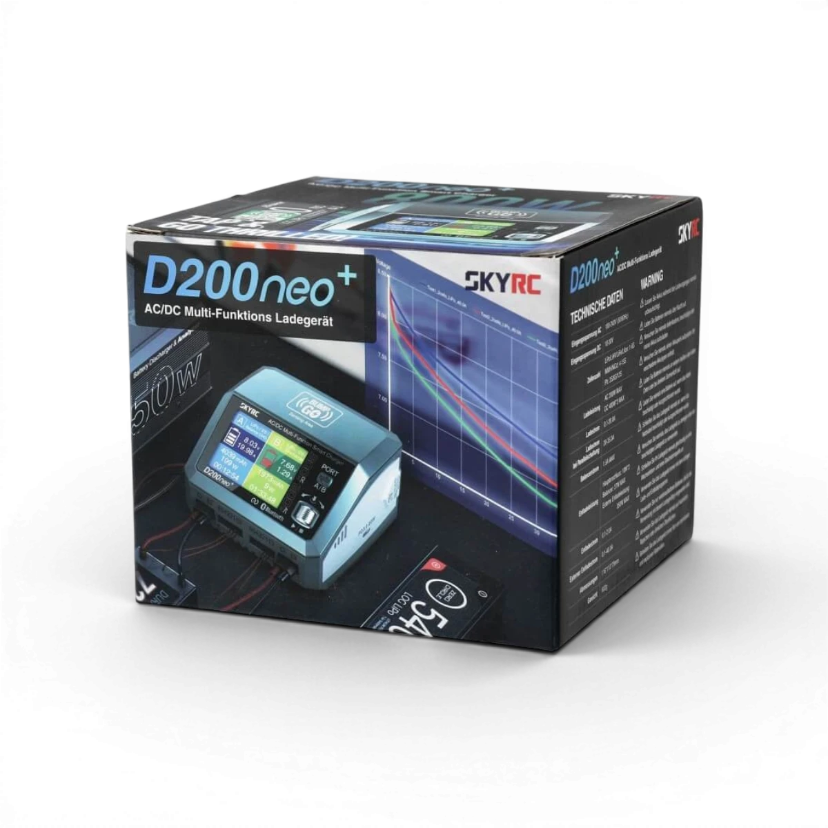 Chargeur électronique SkyRc D200 Neo+ NFC Duo AC/DC, 200W AC et 2x400W DC, affichage et connectivité NFC.