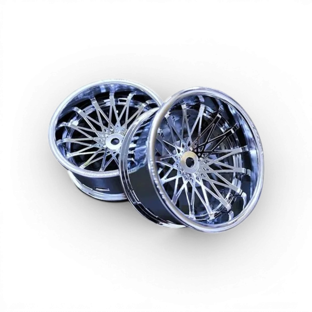 Ensemble de roues Dahlia Tetsujin en chrome brillant, conçues pour véhicules de drift, avec finition élégante et moderne.