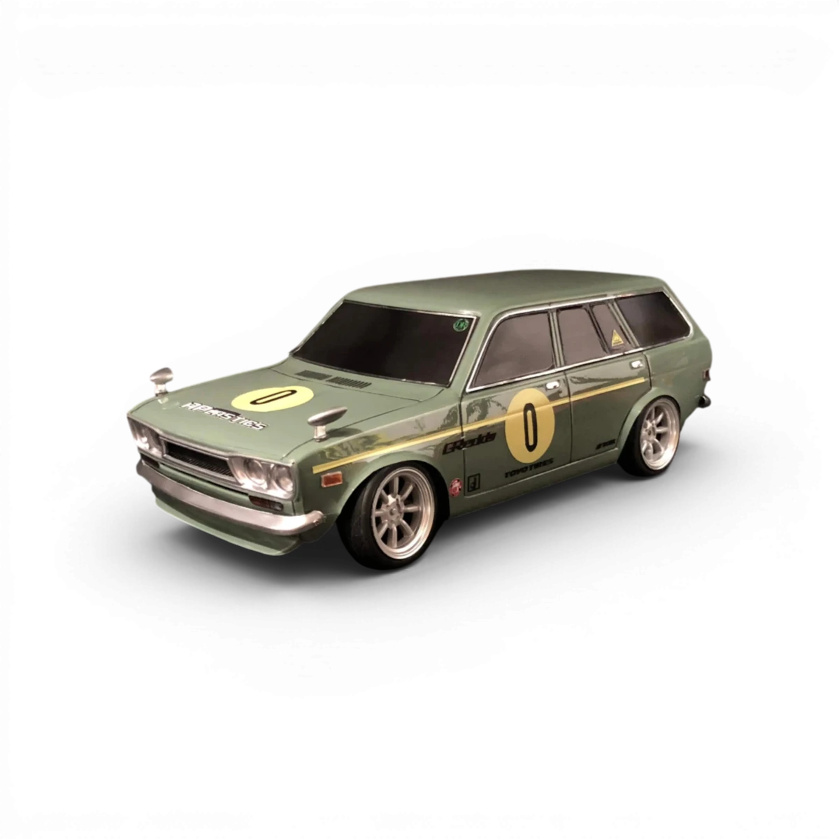 Carrosserie Datsun 510 Wagon (Break) pour modèle RC, fabriquée par Aplastics RC, vue de face avec détails réalistes