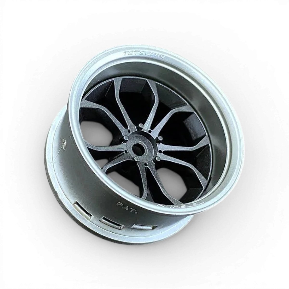 Roues Tetsujin Deep Spyder en métal gris alu, set pour voitures de drift, avec détails en finition gun metal.